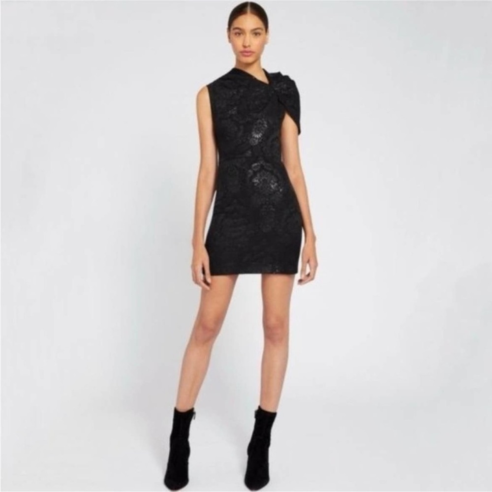 Alice + Olivia Kiro Ruffle Shoulder Jacquard Neck Cocktail Mini Dress Black Sz 4 - Picture 5 of 16